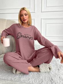 EURMUSE 女士字母图案圆领长袖上衣和阔腿裤休闲家居服套装 - 乾枯玫瑰色 - 查看 4