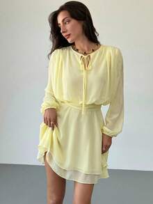 Aloruh Đầm công sở ngắn tay dài màu tím, dáng xòe, chất liệu lưới, màu trơn. - Vàng nhạt - Xem 3