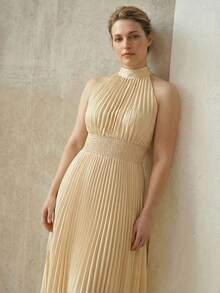 MOTF PREMIUM PLUS SIZE SOLID HALTER TIE BACK SHIRRED WAIST PLEATED DRESS - Apricot - View 4