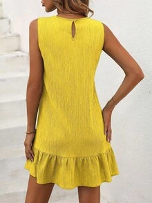 Breezaya Women Fashionable Solid Textured Ruffle Hem Sleeveless Dress Summer Vacation Beach Outfit Casual Holiday Plus Sun Short Dresses Yellow Summer Clothes - Mustard Yellow - View 2