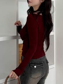 DAZY 2pcs/Set Sexy Design Long Sleeve T-Shirt, Halter Neck, Slim Fit, Casual Top For Women