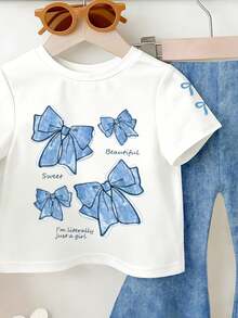 Set de 2 piezas con parte superior de manga corta con estampado de lazo y pantalones acampanados para niñas bebés, ligero y de moda, adecuado para primavera, verano y otoño, de 6 meses a 2-3 años - Multicolor - Ver 4