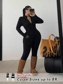 SHEIN CURVE+ Plus Size Black Jumpsuit With Front Zipper, Long Sleeve, High Stretch, Waist Cinching, Slimming, Minimalist Design