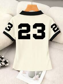 Rovax 女士极简印花 Polo 领短袖上衣 - 杏色 - 查看 2