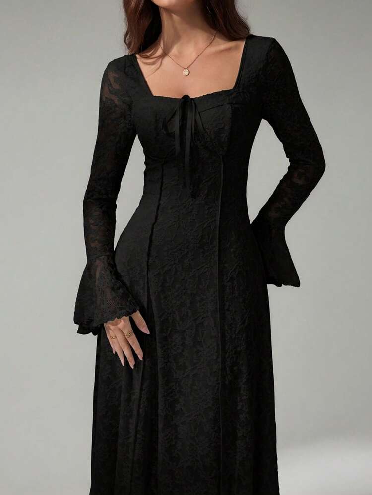 SHEIN Tall فستان نسائي بأكمام طويلة، للحفلات والمناسبات الرسمية، فساتين نسائية أنيقة، فساتين عودة الخريجين، فساتين سهرة رسمية، فساتين نسائية للحفلات، فستان حفل الزفاف في الخريف - الأسود - مشاهدة 4