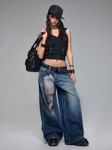 ROMWE Grunge Punk Quần jeans nữ ống rộng cạp thấp rách rưới, thêu chữ và chữ thập phong cách Y2K Chidery. - Màu xanh lam - Xem 6