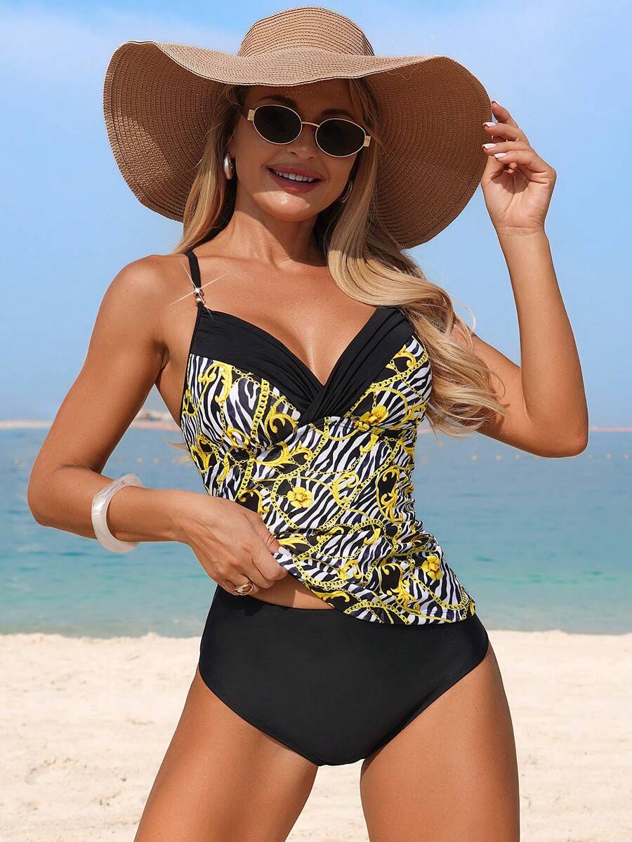 Swim Lushoire Bộ đồ bơi 2 món dành cho nữ, kiểu dáng thường ngày, cổ chữ V, họa tiết da báo, đính hạt ngẫu nhiên, gồm áo hai dây và bikini, thích hợp cho kỳ nghỉ hè. - Nhiều màu - Xem 1