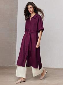 ZEYLAH 100%亚麻衬衫领宽松系带长连衣裙，春季 - 酒紅色 - 查看 8