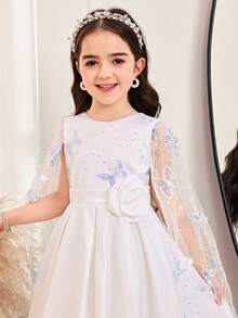 年轻女孩网纱拼接亮片刺绣蝴蝶装饰白色婚纱 - 白色 - 查看 16