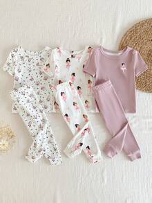 6件套女婴紧身连体睡衣套装，简约时尚碎花短袖柔软舒适睡衣套装 - 彩色 - 查看 9