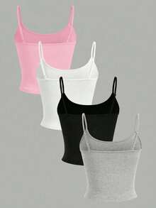 SHEIN PETITE 4pcs/Set Casual Spaghetti Strap Fitted Women's Tank Tops - Multicolor - View 9