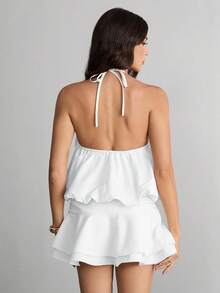 SHEIN Tall 女款迷你洋裝 素色極簡時尚休閒日常，夏季女裝洋裝，白色畢業禮服 白色荷葉邊短裙，適合高個子女性 - 白色 - 查看 2