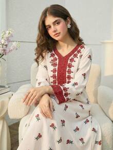 SHEIN Tween Girl Floral Print V-Neck Long Sleeve Loose Dress Long Modest Dresses For Girls - Multicolor - View 4