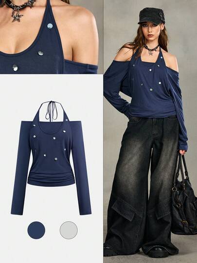 EDITION Top sin mangas con cuello en pico y hombros descubiertos, con decoración de lentejuelas, estilo retro chic 2 en 1