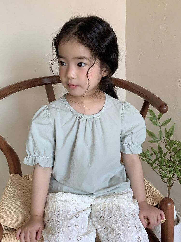 Baby Girls' Round Neck Bow Decor Ruffle Short Sleeve Floral Trim Casual Korean Style Blouse Summer Toddler Girls Clothes