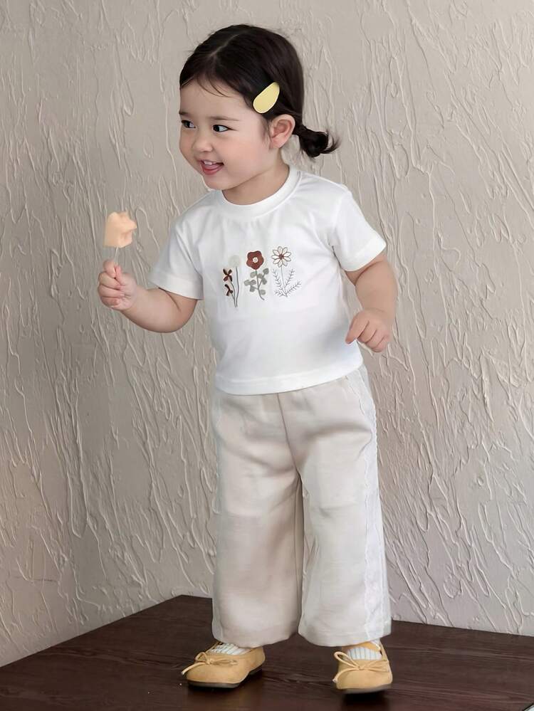 Baby Girls' Floral Embroidery Round Neck Casual Short Sleeve Top Summer Toddler Girls Clothes