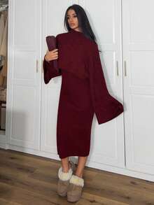 Ronhire 2pcs Women's Casual Knitted Sweater Top And Long Skirt Set, Loose Fit Turtleneck Long Sleeve Crop Top And Skirt, Autumn/Winter - Red - View 4