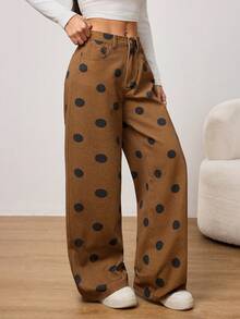 SHEIN PETITE Women's Casual Polka Dot Print Low Waist Loose Wide Leg Pants, Suitable For Daily Commute - Khaki - View 6