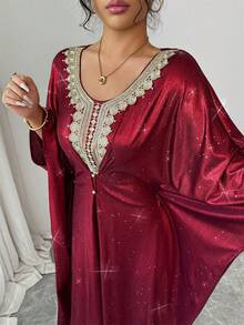 Elenzga Đầm nữ thanh lịch, thời trang, thoải mái, quyến rũ, cổ điển tối giản, cao cấp, lãng mạn, thích hợp cho kỳ nghỉ, tay dài, cổ chữ V, phối ren eo, dáng chữ A, đính kim tuyến, màu trơn. - Đỏ - Xem 3