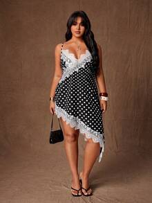 Rustia Asymmetrical Polka Dot Contrast Lace Slip Dress, Sexy