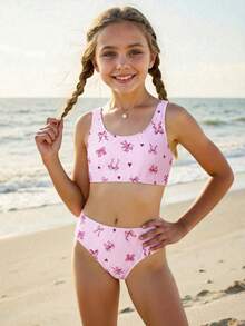 SHEIN Cute Pink Striped, Bow Print Tween Girls Casual Minimalist Camisole & Triangle Bikini Swimsuit Set, Suitable For Summer - Baby Pink - View 2