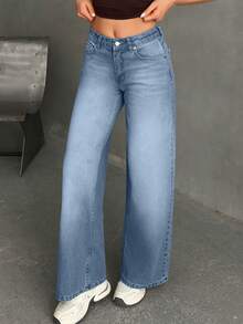 EURMUSE JEANS DE PIERNA ANCHA Y CINTURA MEDIA PARA MUJER - Celeste - Ver 6