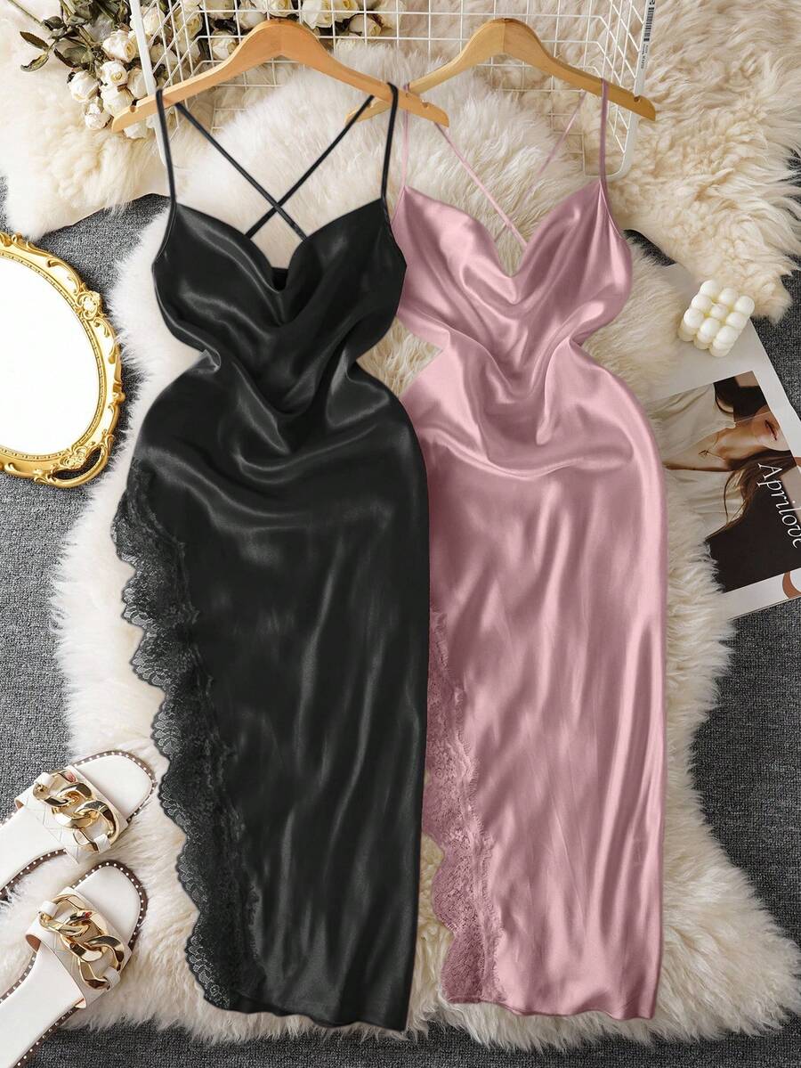 Conjunto de pijama de vestido largo con abertura y parches de encaje sexy para mujer, 2 piezas - Multicolor - Ver 1