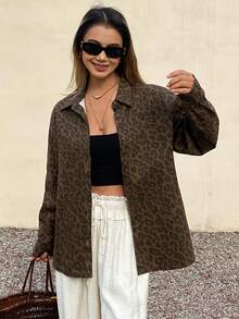 DAZY Loose Casual Vacation Style Brown Leopard Print Butterfly Women Denim Jacket And Coat, Spring/Summer - Brown - View 4