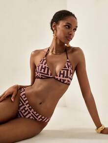 Écloséra 3pcs Women's Summer Beach Fashion Full Print Letter Halter Neck Tie Top, Regular Triangle Bottoms, And Irregular D-Ring Accent Mini Skirt Bikini Set - Multicolor - View 5