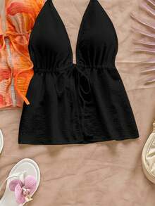 Soleia 2pcs Women Casual Backless Halter Tie Strap Cardigan Set, Suitable For Summer, Women's Vacation Wear, Hibiscus, Hawaiian Flower Spring - Multicolor - View 5