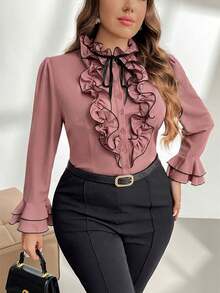 Firerie Áo sơ mi dài tay dáng loe phối màu thanh lịch, cỡ lớn, kiểu dáng công sở. - Bụi hồng - Xem 7