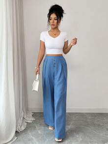 Chiquease Women's Dusty Blue Summer Casual Vacation High-Waisted Wide-Leg Pants,Textured Fabric Single-Breasted Pleated Flowing Loose Trousers For Work,Daily - Blue - View 4
