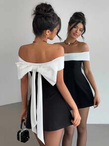 SHEIN PETITE CURVE 大码女式撞色露肩蝴蝶结装饰时尚连衣裙 - 黑與白 - 查看 2