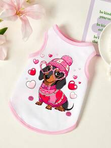PETSIN 1pc Pink Sausage Dog Love Printed Pet Tank Top, Breathable And Skin Friendly, Pink White - Multicolor - View 1