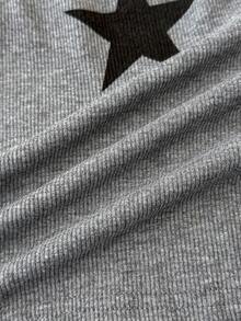 SHEIN 少女深灰色罗纹针织露脐上衣，星形图案，腰部褶皱设计 - 灰色 - 查看 7