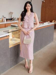 DAZY Women's Elegant Textured V-Neck Faux Pocket Camisole And Skirt 2-Piece Set, Summer - Pink - View 4