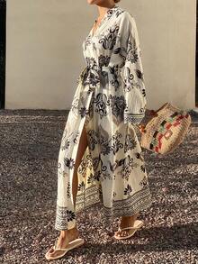 Livesso 女士宽松系带印花度假和服衬衫 - 白色 - 查看 3