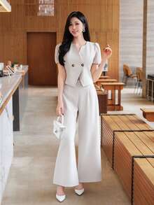 DAZY Bộ đồ nữ thanh lịch gồm áo sơ mi trơn màu và quần ống rộng, thích hợp cho mùa xuân/hè, váy dự tiệc cưới. - Màu be - Xem 7