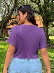 SHEIN EZwear Plus Size Solid Color Round Neck Short Sleeve Ribbed Loose Cropped T-Shirt - Purple - View 2