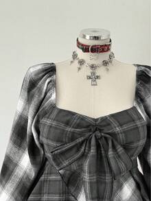 Sunspun Plaid Patchwork Bow Tie Waist Minimalist Long Sleeve Dress - Black - View 6