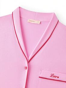 LUVLETTE 柔软棉质撞色滚边基础款纽扣上衣和裤子粉色家居服睡衣套装，裤子带口袋，女士家居服套装，情人节礼物 - 粉色 - 查看 4