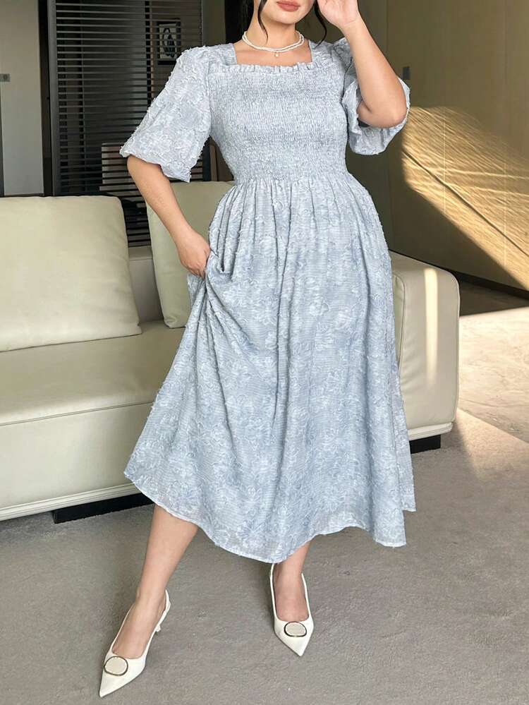Dazy Plus Plus Size Floral Embroidered Puff Sleeve Square Neck Loose Vacation Style Dress, Blue Dress Sundress