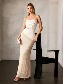 MOTF Soiréza STRAPLESS STRUCTURED PATCHWORK FAUX PEARL EMBROIDERED ELEGANT MERMAID FORMAL DRESS, SUITABLE FOR BANQUET AND WEDDING - Apricot - View 5