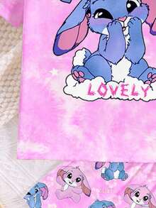 SHEIN Leap Crew Tween女孩可愛卡通藍色兔子Lulu睡衣，粉色與白色紮染圓領短袖短褲套裝，夏季休閒睡裙Tween女孩圖案服飾 - 彩色 - 查看 3