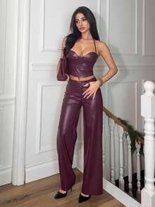 Ronhire ICON Y2K Clothes Women Women Solid Color Halter Top And Casual Burgundy Red Long Pants Set Party Winter New Year Sexy - Burgundy - View 6