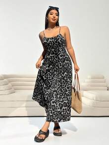 Solflare Plus Size Leopard Print Backless Dress With Adjustable Spaghetti Straps And Hidden Zipper For Summer Holiday Vacation - Grey - View 6