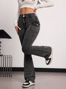 SHEIN Tall Quần jeans ống loe cạp cao có túi, kiểu dáng thường ngày, đa năng dành cho nữ, mùa xuân/hè. - màu đen - Xem 2