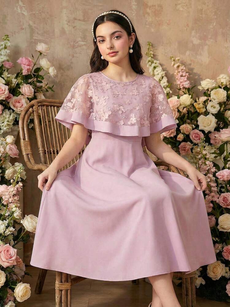 ชุดเดรสปาร์ตี้ลายดอกไม้ผ้าตาข่ายสำหรับสาววัยรุ่น - สีชมพู - ดู 5