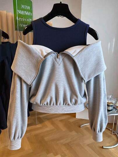 Resyla 女士休闲撞色拼接露肩卫衣，秋季