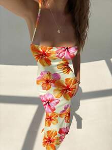 Aloruh Women's Elegant Hibiscus Floral Print Backless Dress, Summer Beach Vacation Outfit, Boho Tropical Vacation Wedding Anniversary Bridesmaid Party Date Sexy Wedding Guest Bridal Shower White Modest Fairy Spring - White - View 7